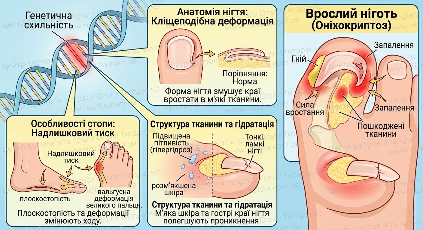 Генетическая предрасположенность и анатомические особенности, влияющие на проявление вросшего ногтя (онихокриптоза)
